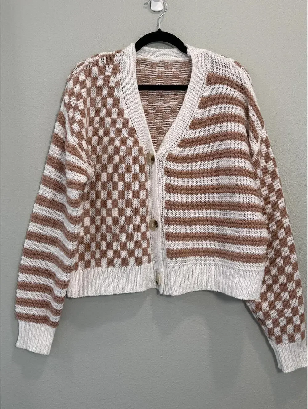 Boutique Checkered Print Knit Button Up Cardigan - Women's XL